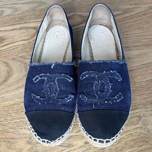 Chanel Authentic Denim Navy Espadrilles Linen Black Cap Toe Flats CC Women’s 39